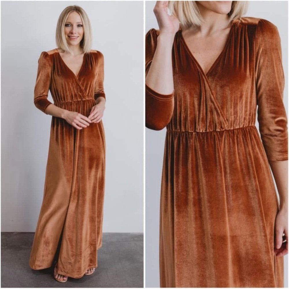 Baltic Born Sofia Maxi Velvet Dress in Spice Brown Tan Wrap Style V-Neck Size XS